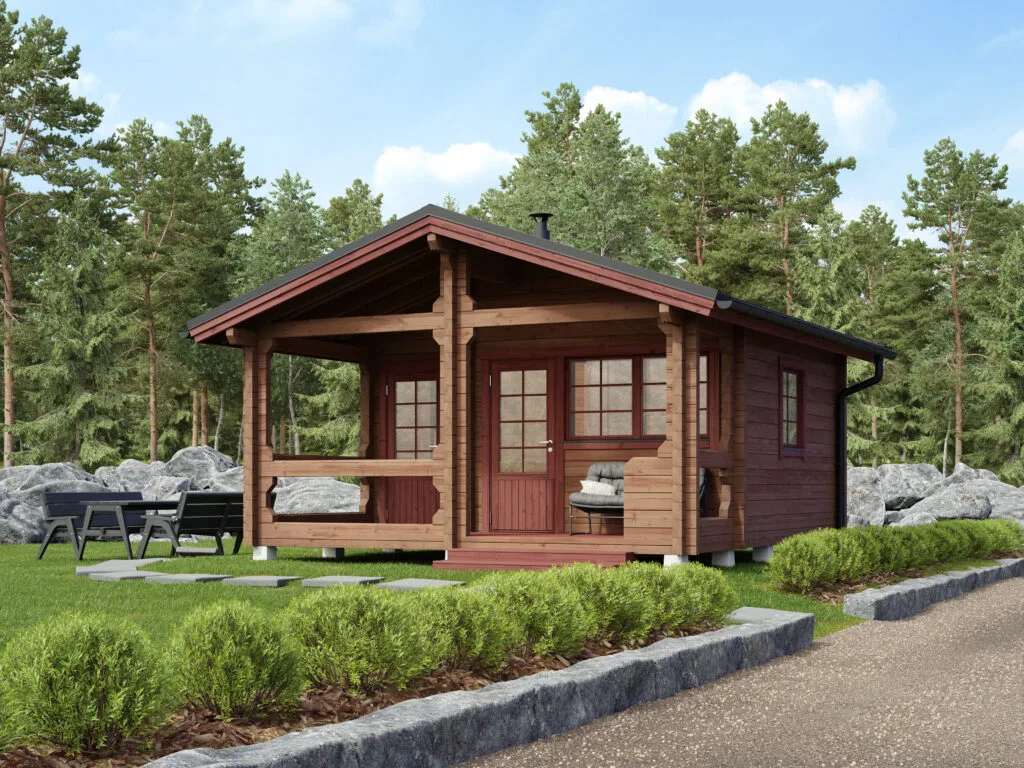 Metsola 25 on tyylikäs pihasauna, jossa on tilava oleskeluhuone saunan ja pukuhuoneen lisäksi.