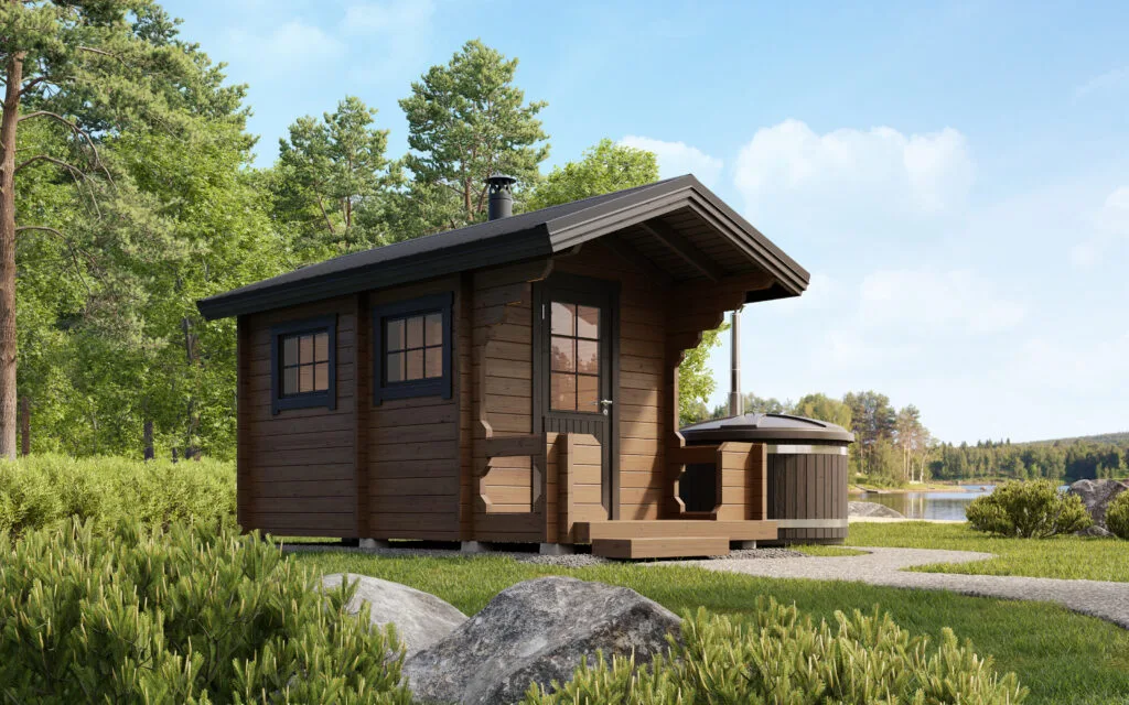Parra-Sauna 4 on perinteinen pieni rantasauna, jossa saunan lisäksi pukuhuone sekä katettu veranta. Pystytä hirsisauna itse tai tilaa löylyvalmis pihasauna suoraan tehtaalta!