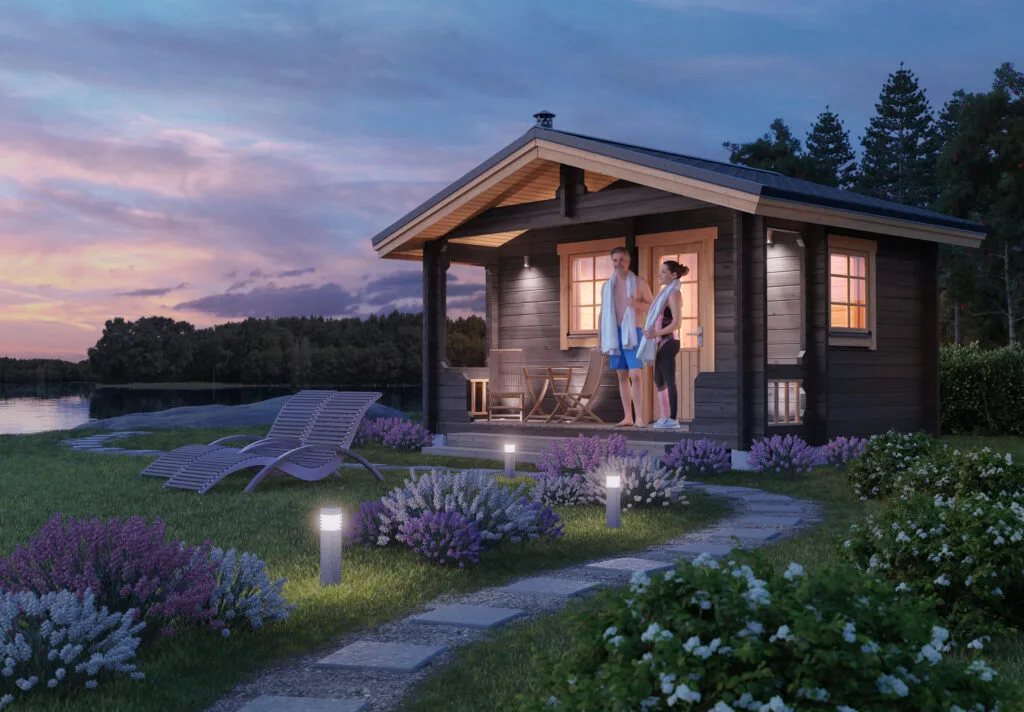 Kaksi erillistä huonetta sisältävä Metsola 14 B pihasauna soveltuu hyvin niin pihasaunaksi kuin rantasaunaksi ja sopii myös hyvin vierasmajaksi.