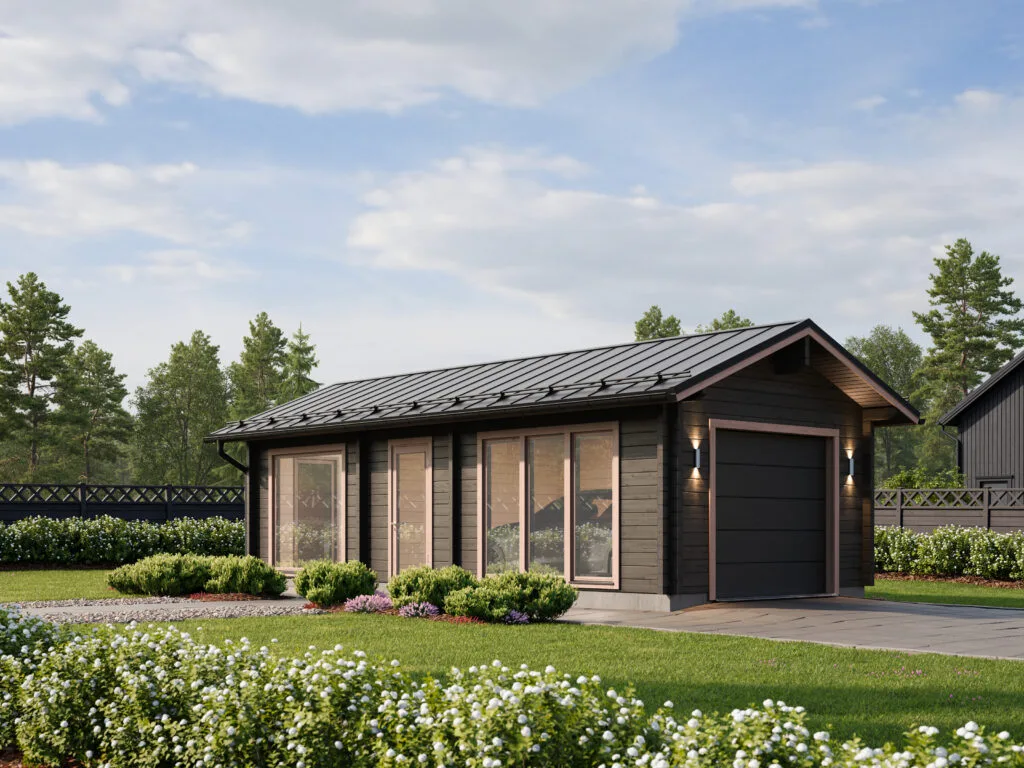 Lakeus Autotalli / Etätyöpiste harjakatolla koostuu kahdesta erillisestä tilasta. Rakennuksessa on 22,9 m² autotalli sekä erillisellä sisäänkäynnillä varustettu 11,5 m² etätyöpiste.