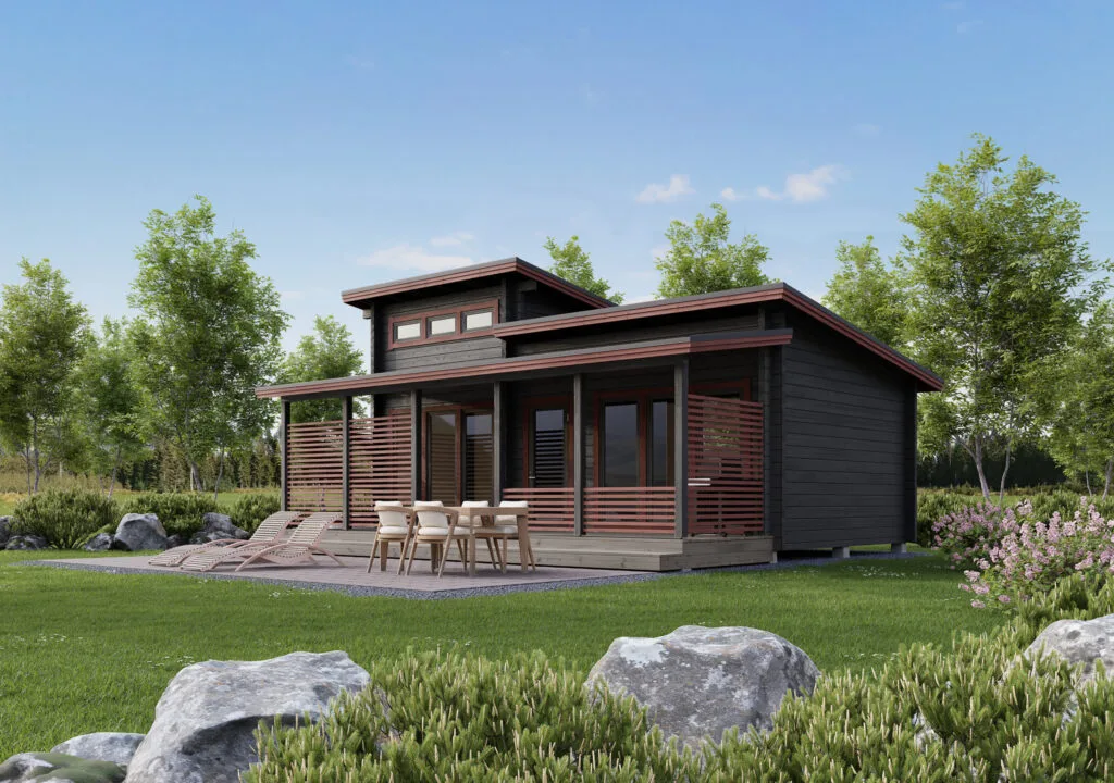 Hirsihuvila Teuva 47 on moderni hirsimökkikokonaisuus, jossa on iso oleskelutila, keittiö, parvi sekä rakennuksen edessä katettu vastalippaveranta.