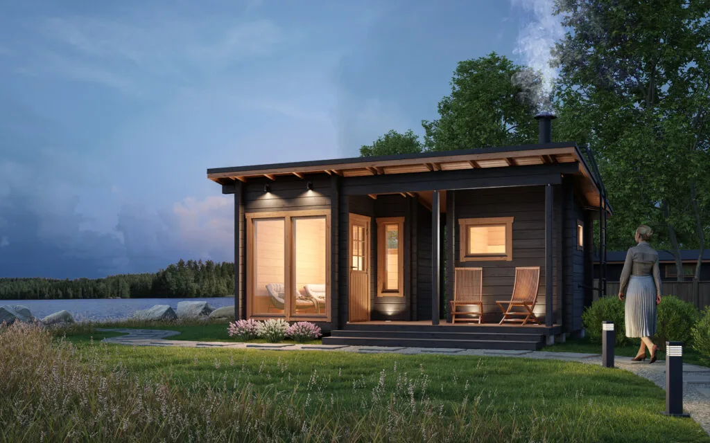 Teuva-Sauna 17 on kaunis pihasauna, jonka katetulle verannalle on kiva istahtaa saunomisen lomassa vilvoittelemaan. Tuvan isoista ikkunoista voit seurata joutsenpariskunnan elämää merellä, katsoa kun sadepisarat kastelevat rantakallion ja miten yltyvä myrsky ottaa koivun oksat otteeseensa. Voit joko pystyttää rakennuksen itse tai tilata valmissauna suoraan tehtaaltamme.