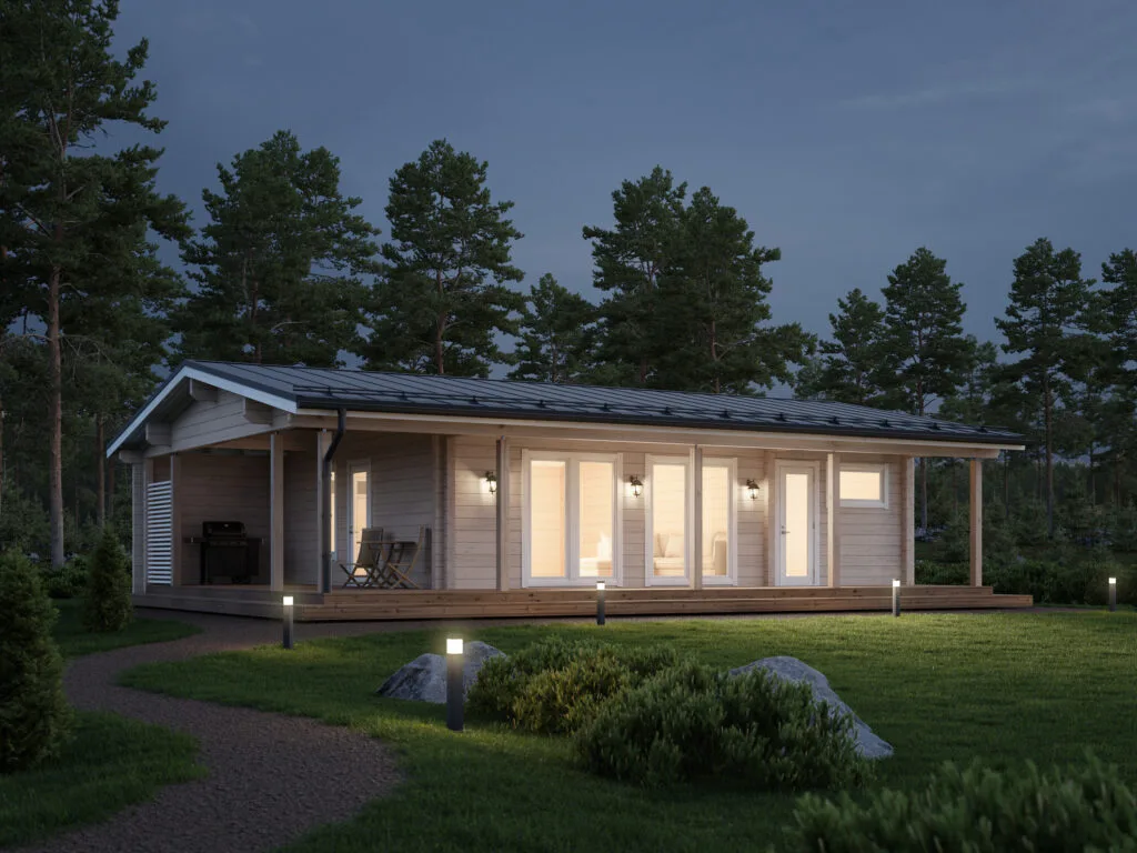 Suvanto 100 hirsihuvila on unelmien loma-asunto, jossa on kaksi erillistä makuuhuonetta, isoilla ikkunoilla varustettu tilava tupakeittiö, pesuhuone sekä sauna. Lisäksi iso terassikokonaisuus kiertää rakennuksen kahdella seinällä.