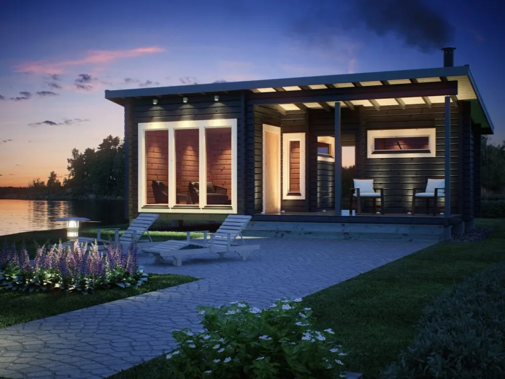 Suuren suosion saanut 30-vuotisjuhlamallimme, Teuva-Sauna 32 on moderni ja tunnelmallinen pihasauna. Tuvan korkeiden ikkunoiden ansiosta valo pääsee tulvimaan sisään. Katettu veranta yhdistää tilavan 13,6 m² tuvan ja saunaosaston toisiinsa. Pystytä itse tai tilaa löylyvalmis hirsisauna suoraan tehtaaltamme.