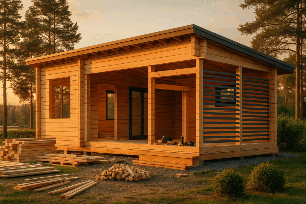 Moderni pihasauna rakennusvaiheessa suomalaisella pihalla, lamellihirsirakenne osittain valmiina